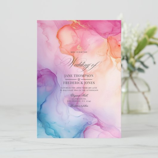 絵を描カラフル金ゴールドのアクセントと渦巻き結婚旋回 招待状 (スタンド正面)