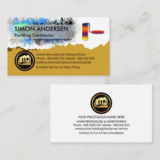 絵を描カラフル（ばちゃばちゃ）跳ねるローラブラシ 名刺 (正面/裏面)