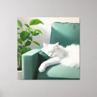 絵を描グリーンのソファで寝る猫 キャンバスプリント