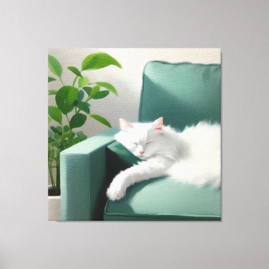 絵を描グリーンのソファで寝る猫 キャンバスプリント (正面)
