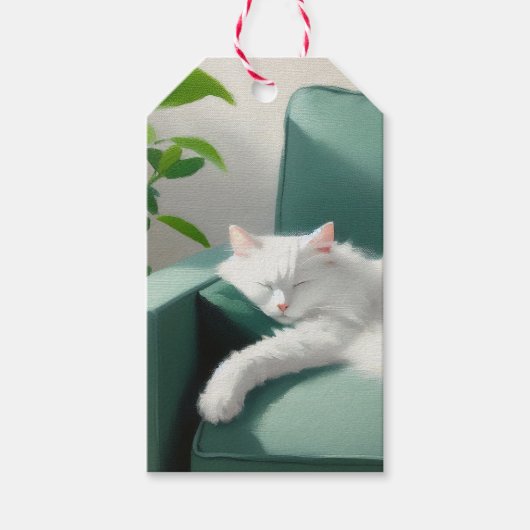 絵を描グリーンのソファで寝る猫 ギフトタグ (正面)