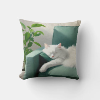 絵を描グリーンのソファで寝る猫 クッション