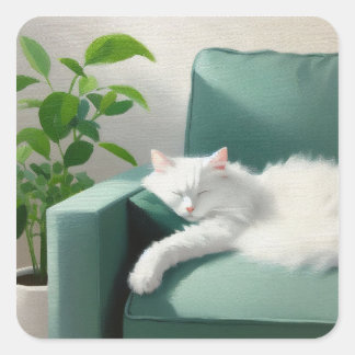 絵を描グリーンのソファで寝る猫 スクエアシール