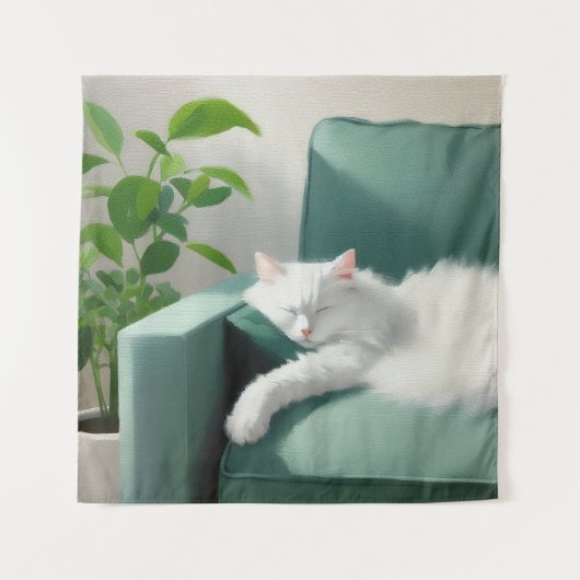 絵を描グリーンのソファで寝る猫 タペストリー (正面)