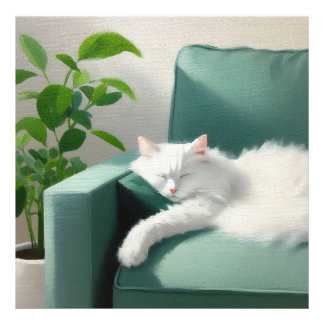 絵を描グリーンのソファで寝る猫 フォトプリント
