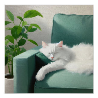 絵を描グリーンのソファで寝る猫 ポスター
