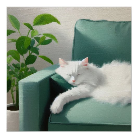 絵を描グリーンのソファで寝る猫 ポスター (正面)