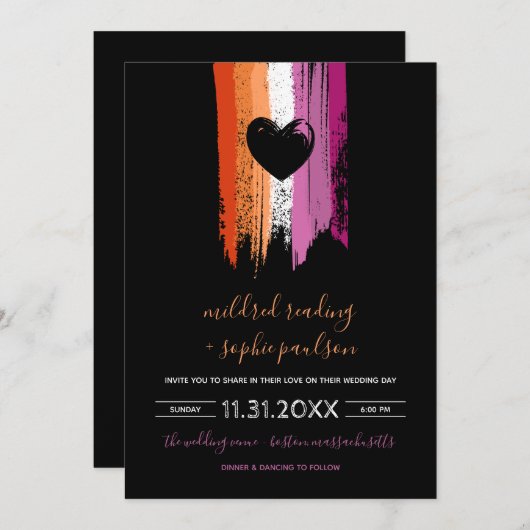 絵を描ストローズレズビアン国旗とブラックハート結婚ズ 招待状 (正面/裏面)