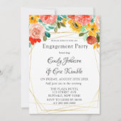 絵を描ティール（緑がかった色）イエローオレンジ牡丹婚約パーティ 招待状 (正面)