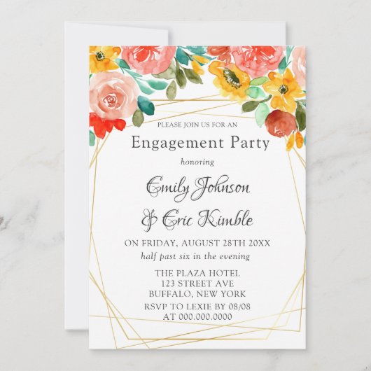 絵を描ティール(緑がかった色)イエローオレンジ牡丹婚約パーティ 招待状 (正面)