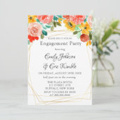 絵を描ティール（緑がかった色）イエローオレンジ牡丹婚約パーティ 招待状 (スタンド正面)