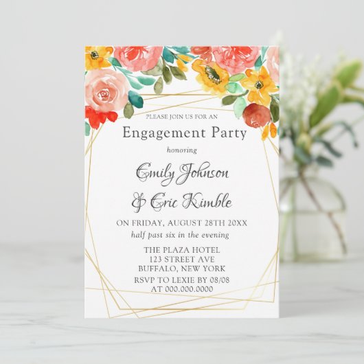 絵を描ティール(緑がかった色)イエローオレンジ牡丹婚約パーティ 招待状 (スタンド正面)