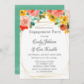 絵を描ティール(緑がかった色)イエローオレンジ牡丹婚約パーティ 招待状 (正面/裏面)