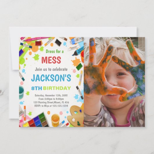絵を描パーティー誕生日招待状（写真付） 招待状 (正面)