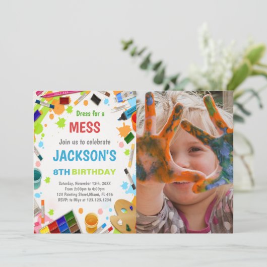 絵を描パーティー誕生日招待状（写真付） 招待状 (スタンド正面)