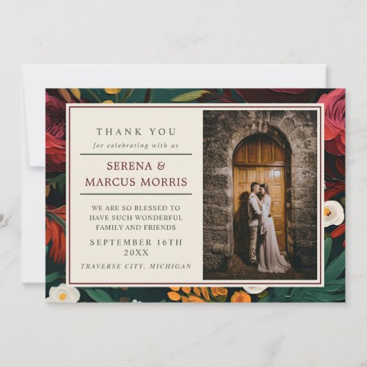 絵を描フローラダークティール（緑がかった色）結婚ズ サンキューカード (正面)