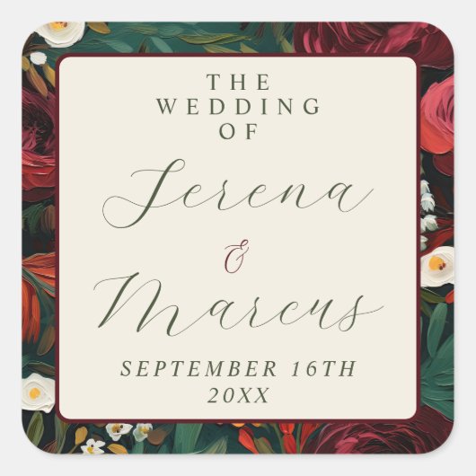 絵を描フローラダークティール（緑がかった色）結婚ズ スクエアシール (正面)