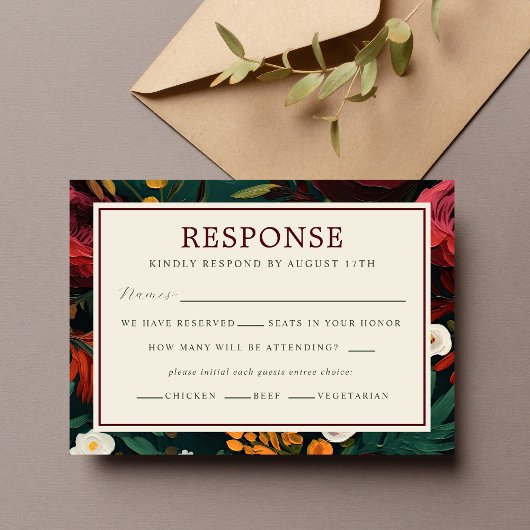 絵を描フローラダークティール(緑がかった色)結婚ズ 出欠カード