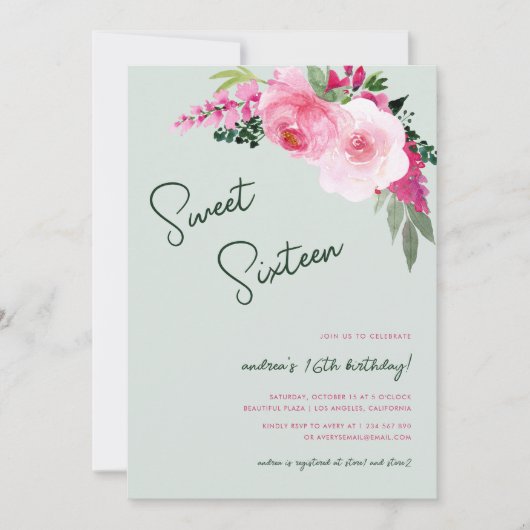 絵を描フローラピンクグリーン甘い16誕生日パーティー 招待状 (正面)