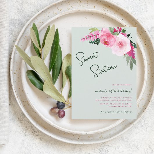 絵を描フローラピンクグリーン甘い16誕生日パーティー 招待状
