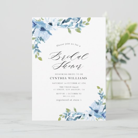 絵を描フローラライトブルーのブライダル 招待状 (スタンド正面)