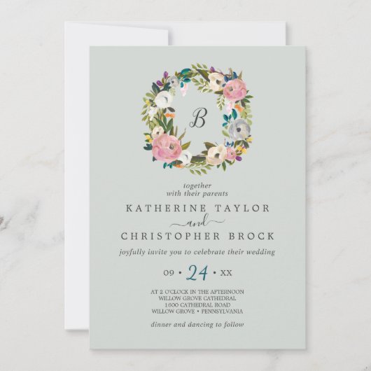 絵を描フローラリース結婚モノグラム 招待状 (正面)