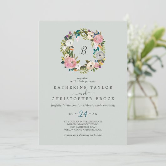 絵を描フローラリース結婚モノグラム 招待状 (スタンド正面)