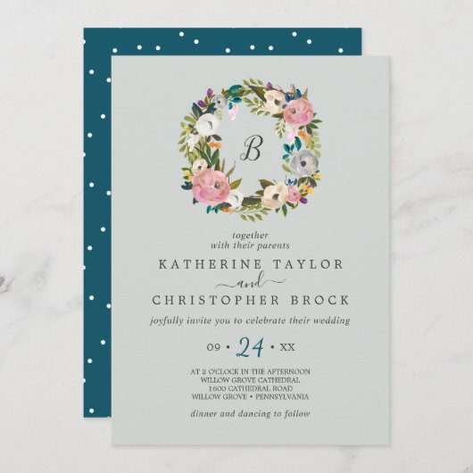 絵を描フローラリース結婚モノグラム 招待状 (正面/裏面)