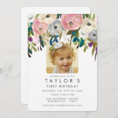 絵を描フローラ女子1歳の誕生日フォト招待状 招待状 (正面/裏面)