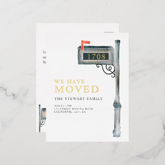 絵を描メールボックスの水色の新しいホーム移動 箔招待状ポストカード (正面/裏面)