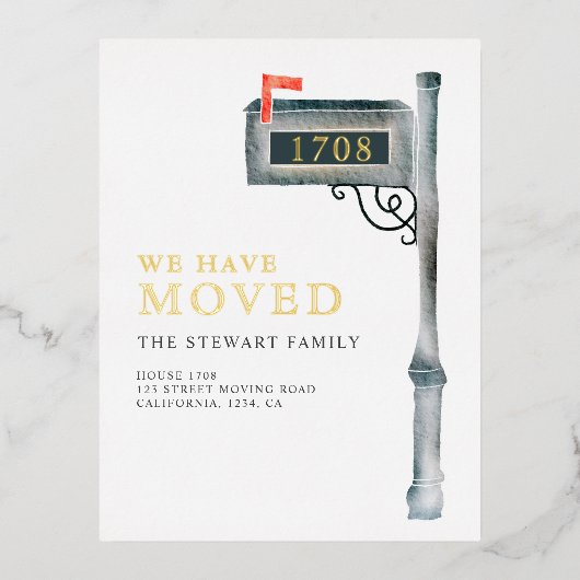 絵を描メールボックスの水色の新しいホーム移動 箔招待状ポストカード (正面)