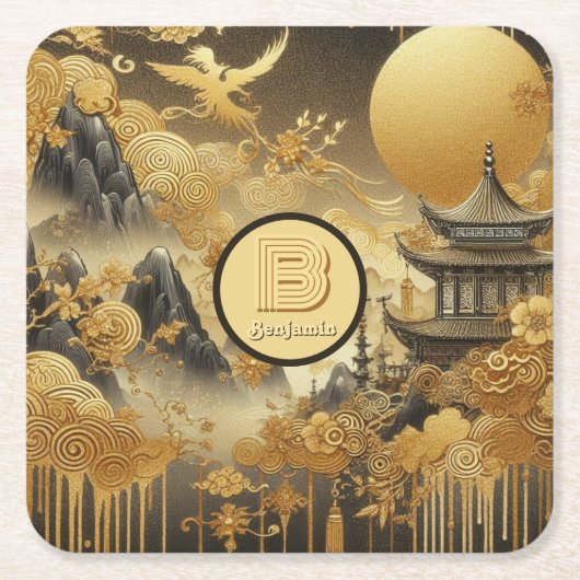 絵を描中国のフェイク金の滴モノグラムのり スクエアペーパーコースター (正面)