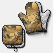 絵を描中国のフェイク金の滴モノグラムのり 鍋つかみ&鍋敷きセット (正面/裏面)