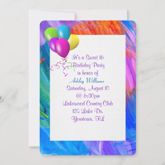 絵を描抽象芸術枠付き誕生日バルーン 招待状 (正面)