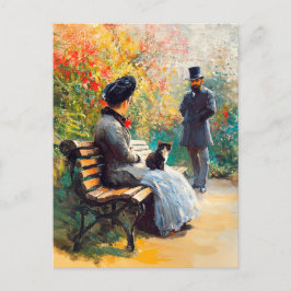 絵を描猫と猫が膝に乗った庭のカップル ポストカード