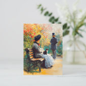 絵を描猫と猫が膝に乗った庭のカップル ポストカード (スタンド正面)