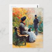 絵を描猫と猫が膝に乗った庭のカップル ポストカード (正面/裏面)