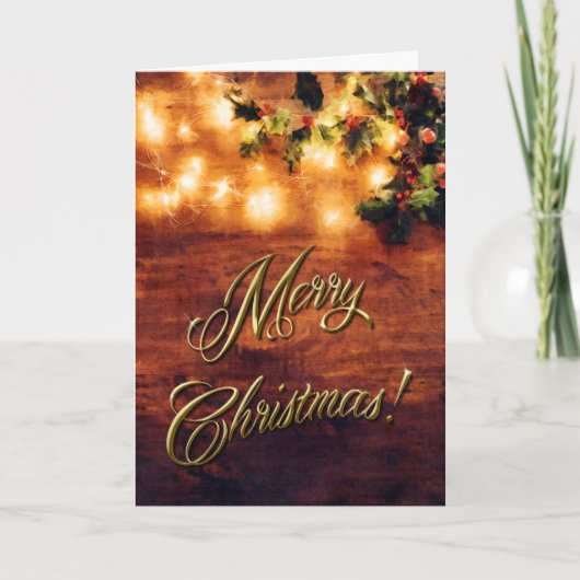 絵を描素朴クリスマス – 木目（柊のトリム付き） シーズンカード (正面)