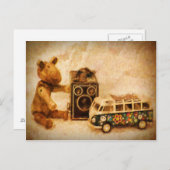 絵を描茶色の木製ヴィンテージおもちゃのカメラ車のクマ ポストカード (正面/裏面)
