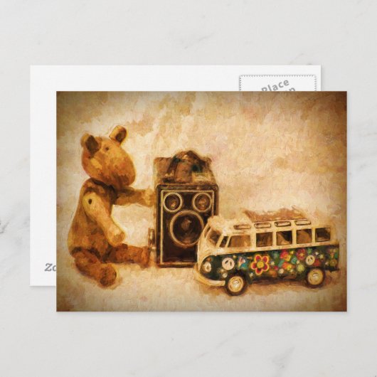絵を描茶色の木製ヴィンテージおもちゃのカメラ車のクマ ポストカード (正面/裏面)