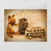 絵を描茶色の木製ヴィンテージおもちゃのカメラ車のクマ ポストカード (正面)