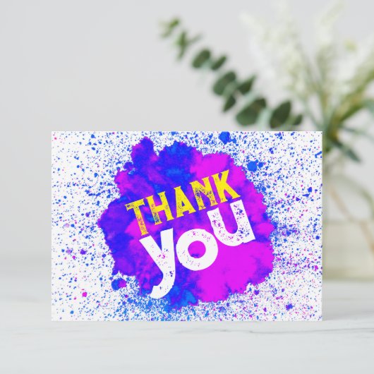 絵を描(ばちゃばちゃ)跳ねるお礼 – Blue on White サンキューカード (スタンド正面)
