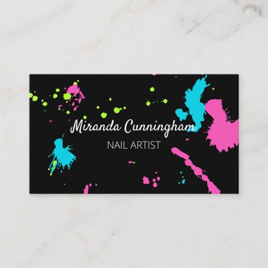 絵を描(ばちゃばちゃ)跳ねるカラフル爪、 ネイルメイクアップアーティストブラック 名刺 (正面)