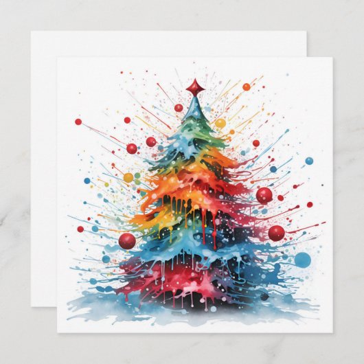 絵を描（ばちゃばちゃ）跳ねるクリスマスツリーのグリーティングカード シーズンカード (正面/裏面)