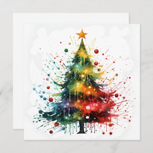 絵を描（ばちゃばちゃ）跳ねるクリスマスツリーのグリーティングカード シーズンカード (正面/裏面)
