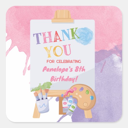 絵を描（ばちゃばちゃ）跳ねるパーティーありがとうステッカー スクエアシール (正面)