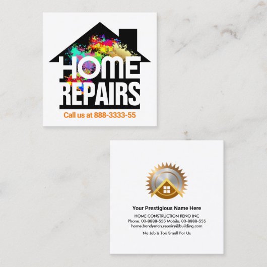 絵を描(ばちゃばちゃ)跳ねるホーム修理建物 スクエア名刺 (正面/裏面)