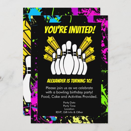 絵を描（ばちゃばちゃ）跳ねる星ボーリングパーティー誕生日 招待状 (正面/裏面)