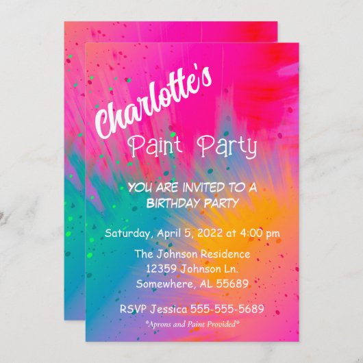 絵を描(ばちゃばちゃ)跳ねる誕生会 招待状 (正面/裏面)