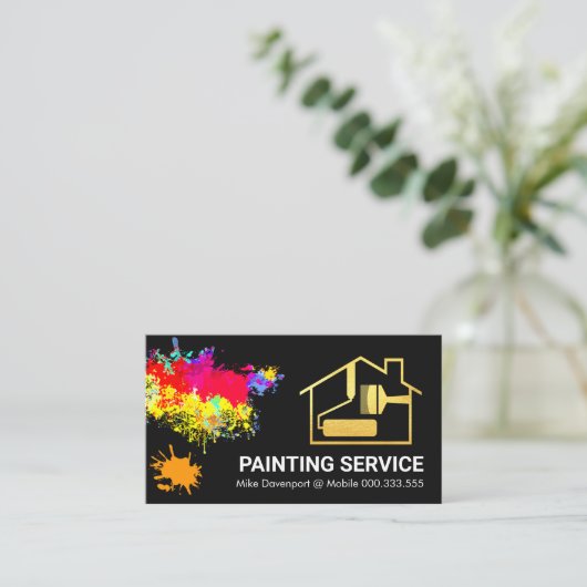 絵を描（ばちゃばちゃ）跳ねる金ゴールドホームブラシペインター 名刺 (スタンド正面)